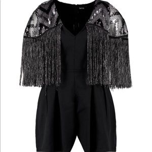 Boohoo Plus Cape Sequin Tassel Romper